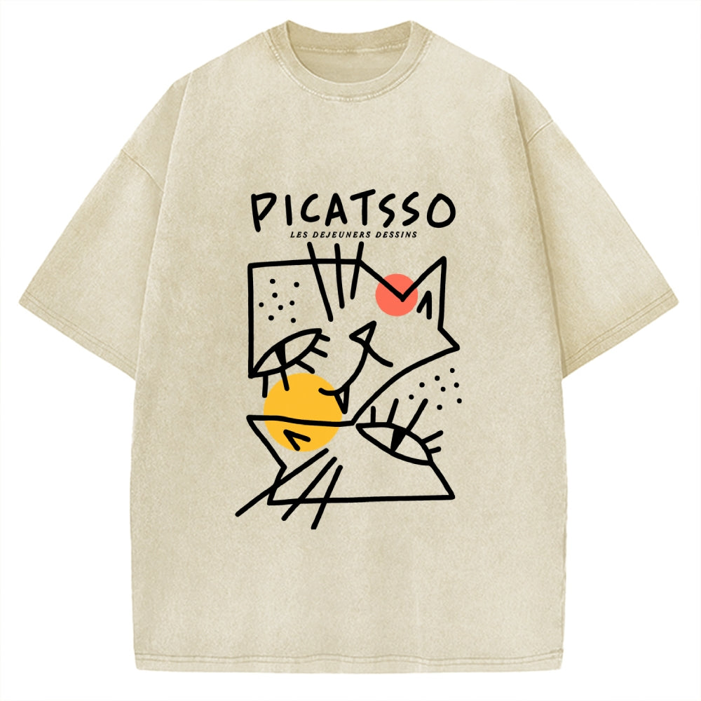 Unisex Picatsso Cat Printed Washed Tee