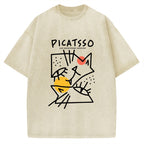 Unisex Picatsso Cat Printed Washed Tee