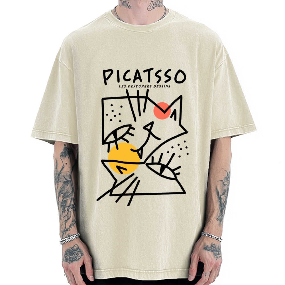 Unisex Picatsso Cat Printed Washed Tee