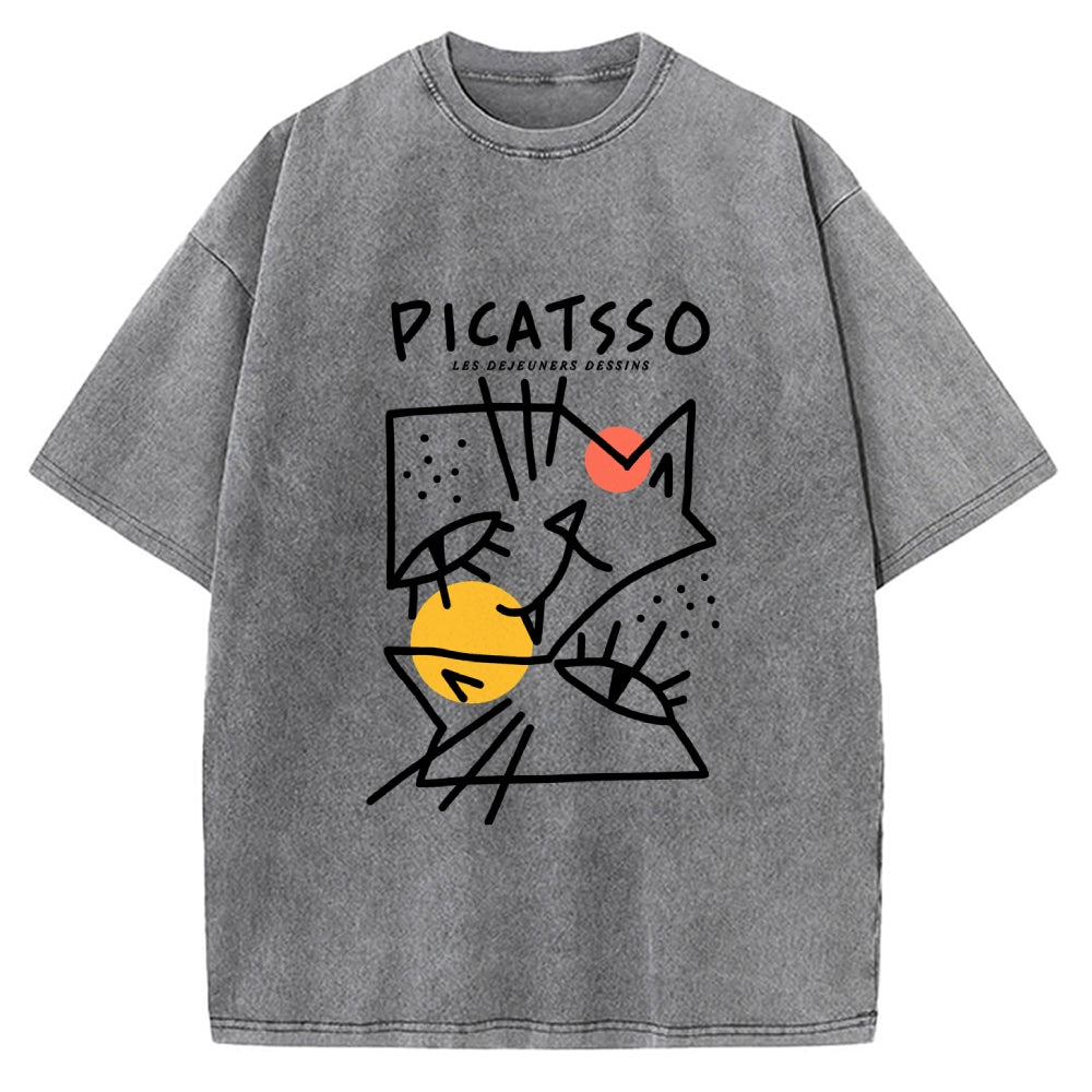 Unisex Picatsso Cat Printed Washed Tee
