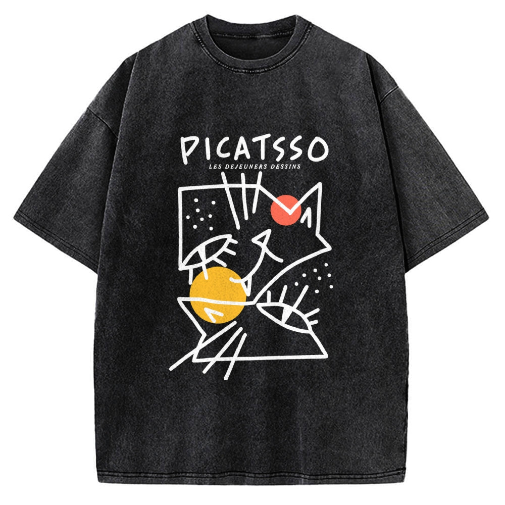 Unisex Picatsso Cat Printed Washed Tee