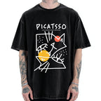 Unisex Picatsso Cat Printed Washed Tee