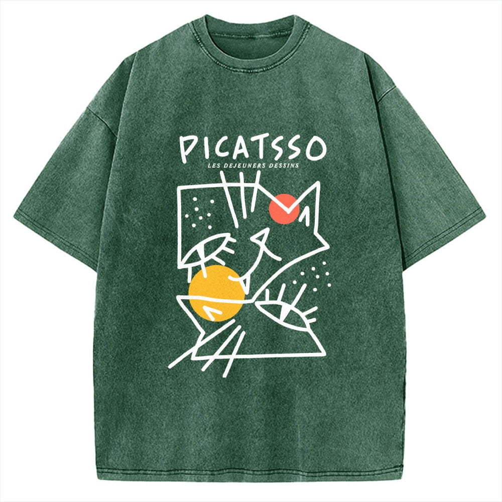 Unisex Picatsso Cat Printed Washed Tee
