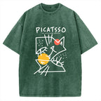 Unisex Picatsso Cat Printed Washed Tee