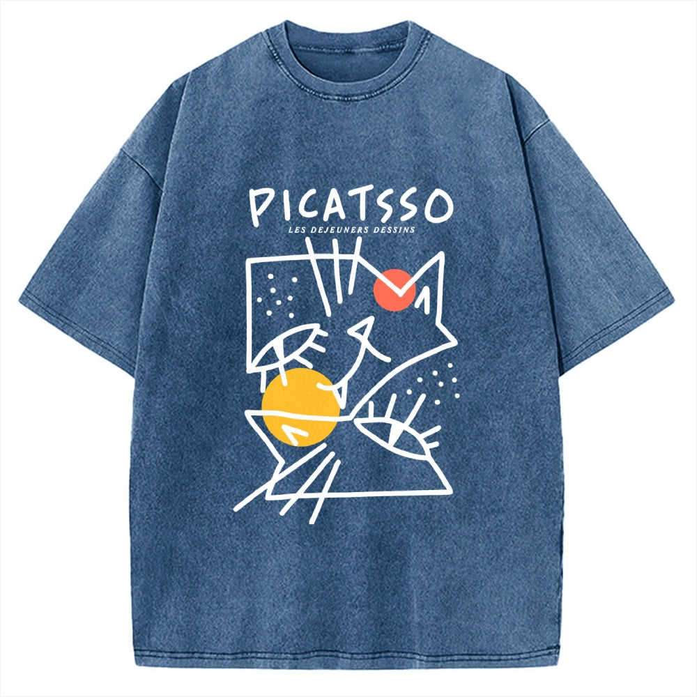 Unisex Picatsso Cat Printed Washed Tee