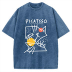 Unisex Picatsso Cat Printed Washed Tee