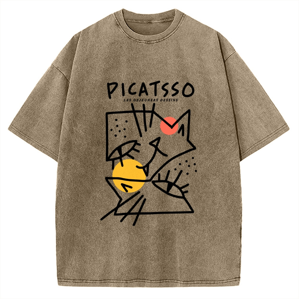 Unisex Picatsso Cat Printed Washed Tee