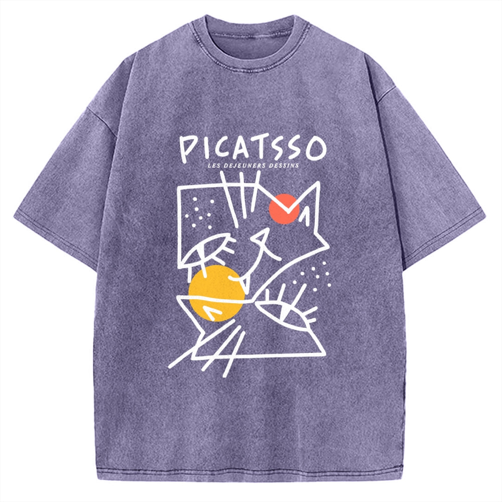 Unisex Picatsso Cat Printed Washed Tee