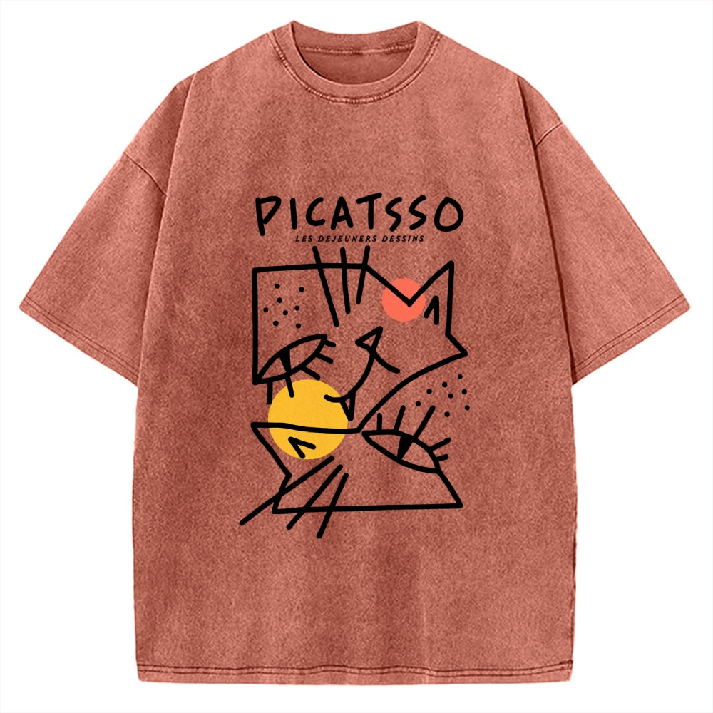 Unisex Picatsso Cat Printed Washed Tee