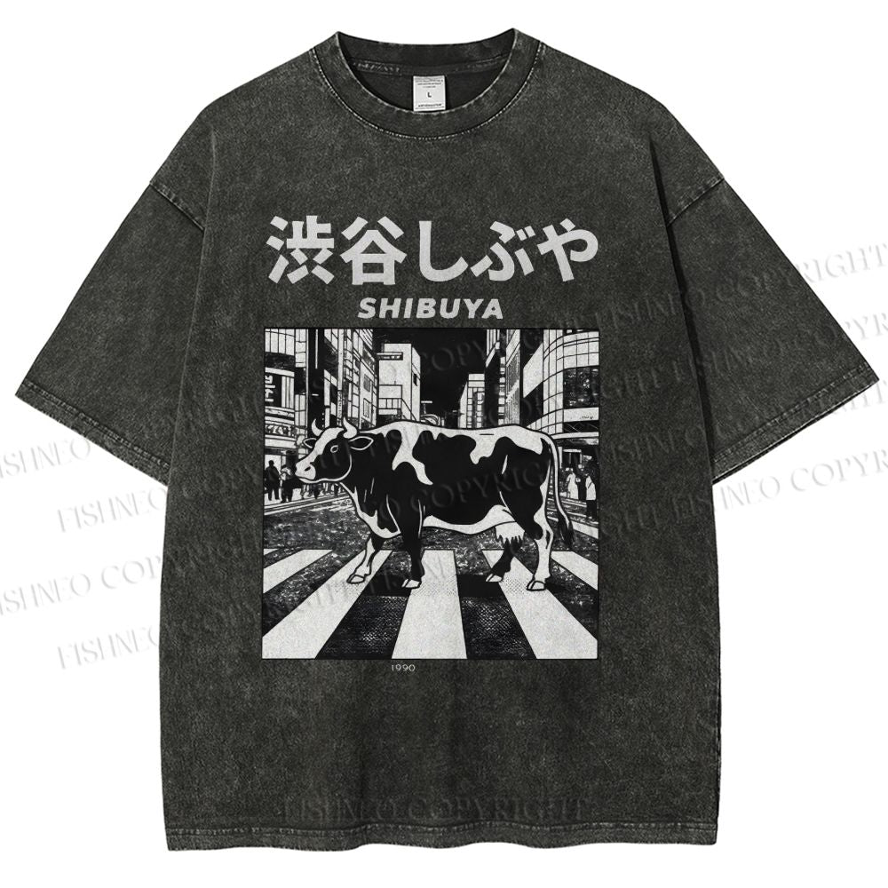 Unisex Shibuya Cow Printed Washed Tee