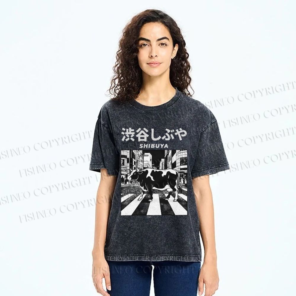 Unisex Shibuya Cow Printed Washed Tee