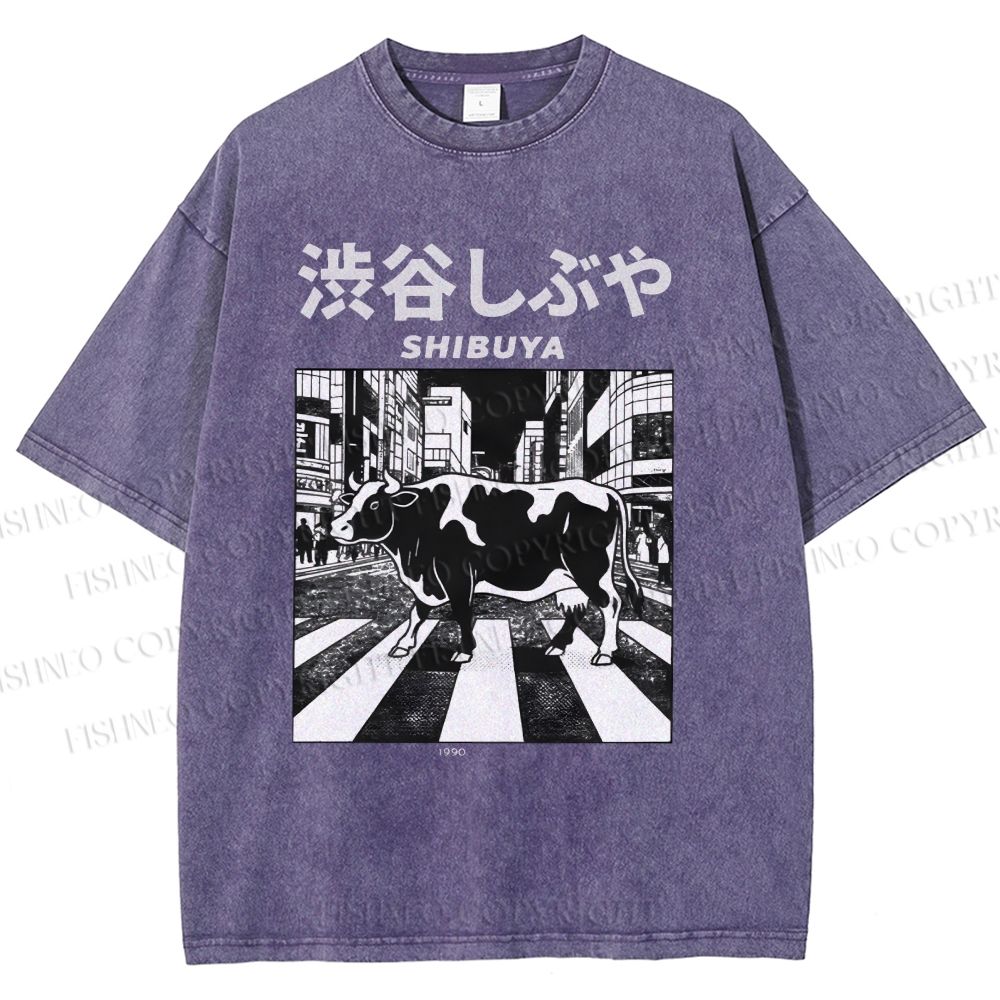 Unisex Shibuya Cow Printed Washed Tee