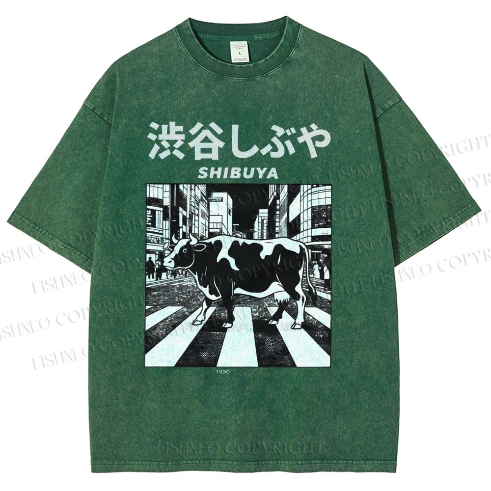 Unisex Shibuya Cow Printed Washed Tee