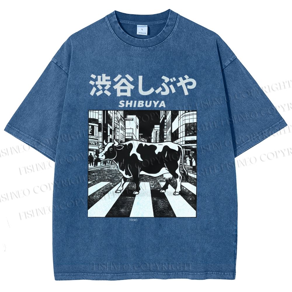 Unisex Shibuya Cow Printed Washed Tee