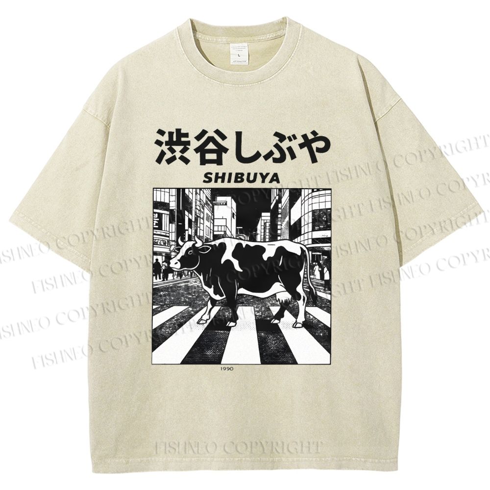 Unisex Shibuya Cow Printed Washed Tee