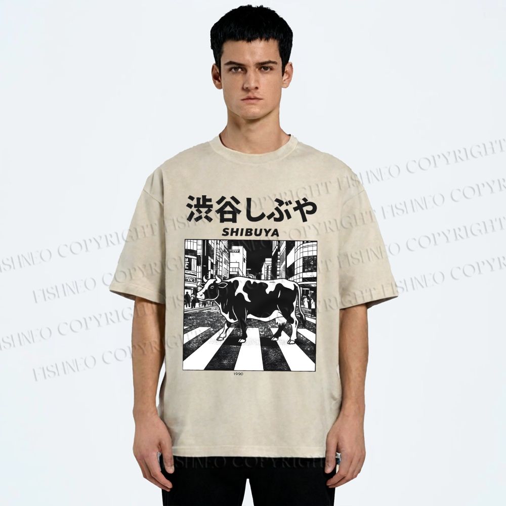 Unisex Shibuya Cow Printed Washed Tee