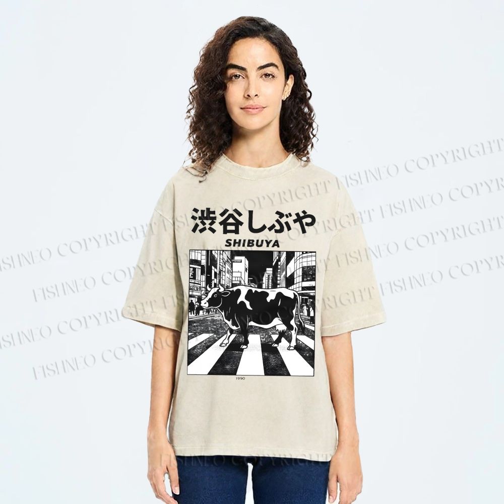 Unisex Shibuya Cow Printed Washed Tee