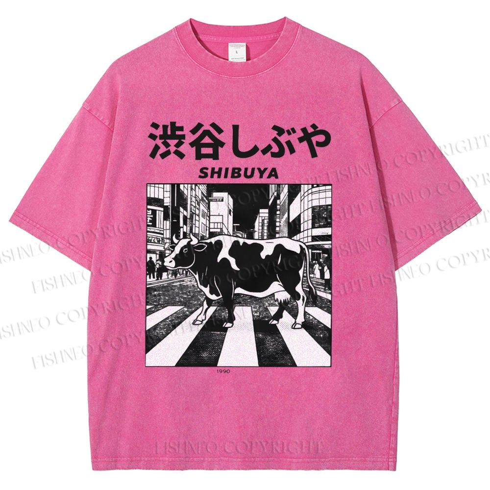 Unisex Shibuya Cow Printed Washed Tee