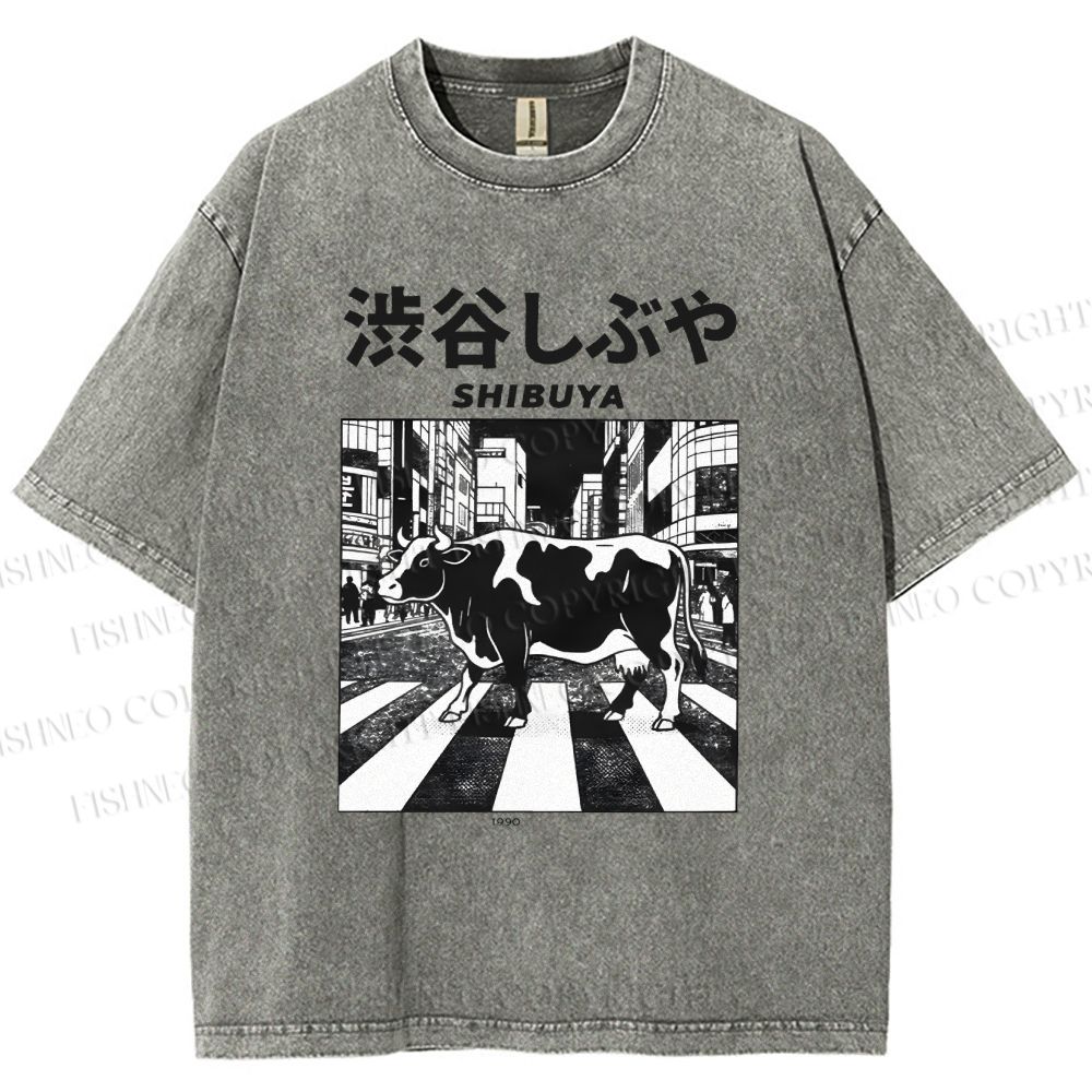 Unisex Shibuya Cow Printed Washed Tee