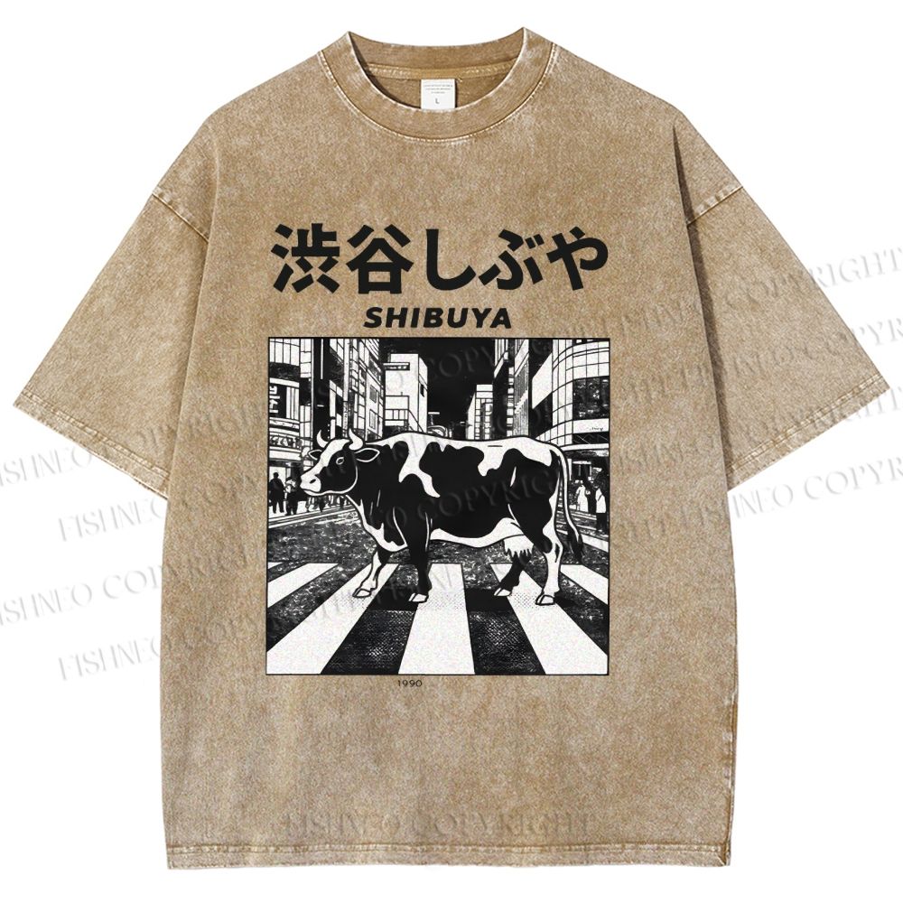 Unisex Shibuya Cow Printed Washed Tee