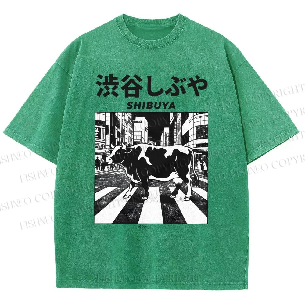 Unisex Shibuya Cow Printed Washed Tee
