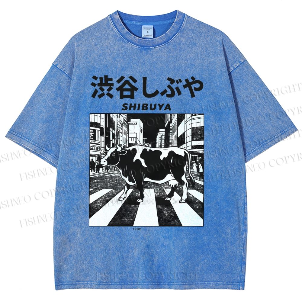 Unisex Shibuya Cow Printed Washed Tee