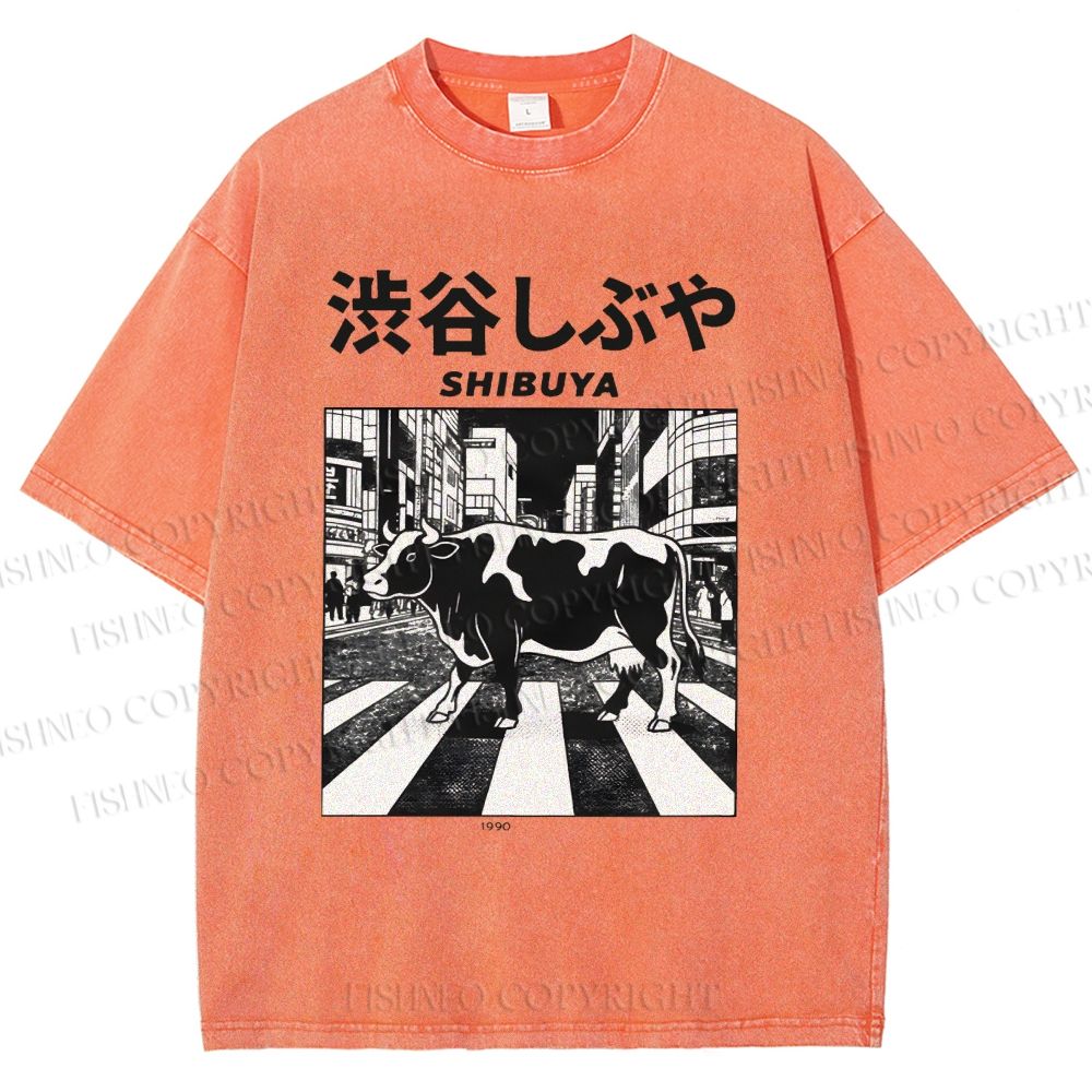 Unisex Shibuya Cow Printed Washed Tee