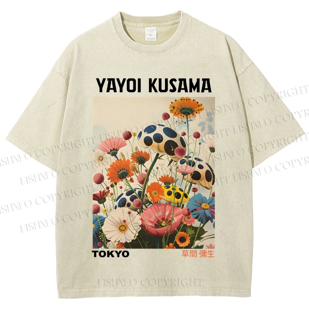 Unisex Yayoi Kusama Mushrooms And Flowers Printed Washed Tee