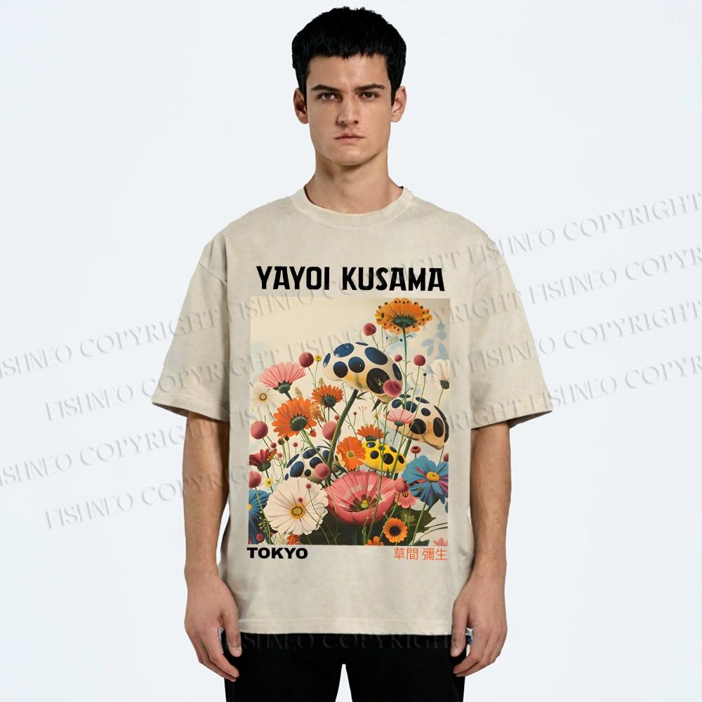Unisex Yayoi Kusama Mushrooms And Flowers Printed Washed Tee