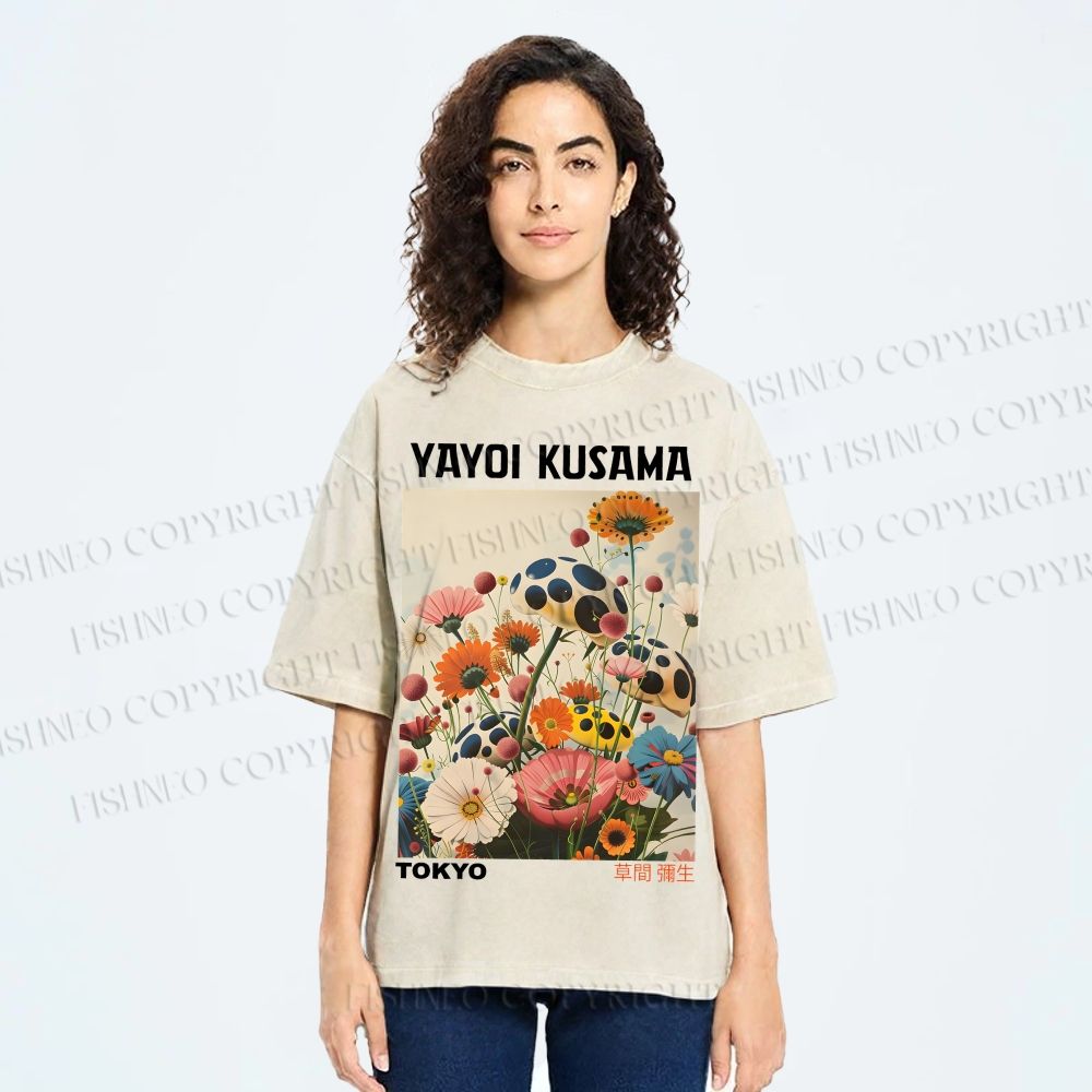 Unisex Yayoi Kusama Mushrooms And Flowers Printed Washed Tee