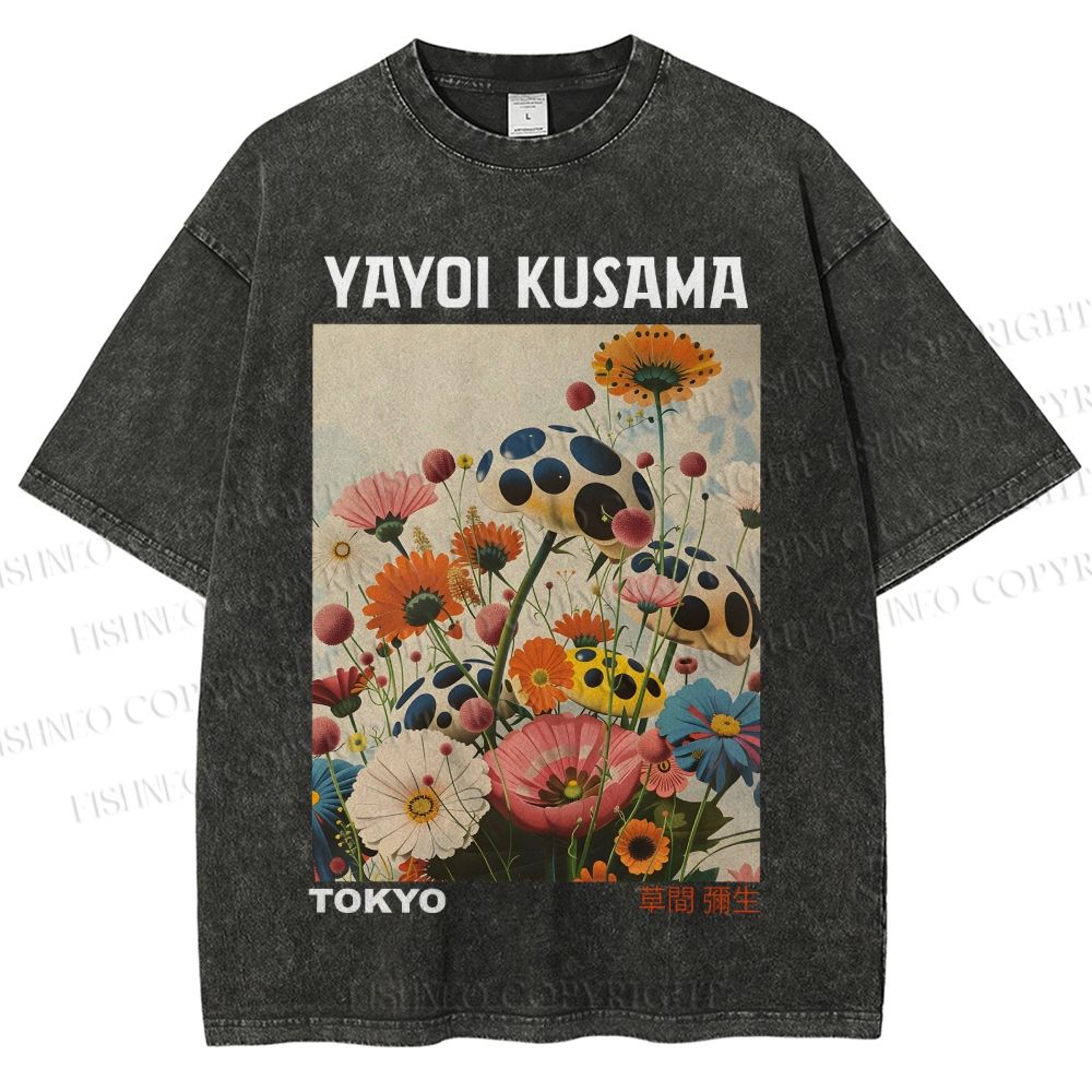 Unisex Yayoi Kusama Mushrooms And Flowers Printed Washed Tee