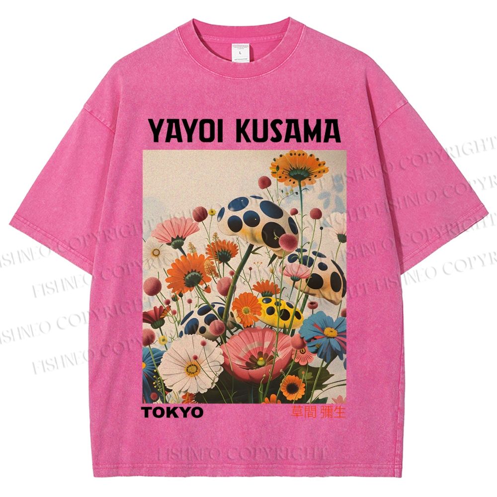 Unisex Yayoi Kusama Mushrooms And Flowers Printed Washed Tee