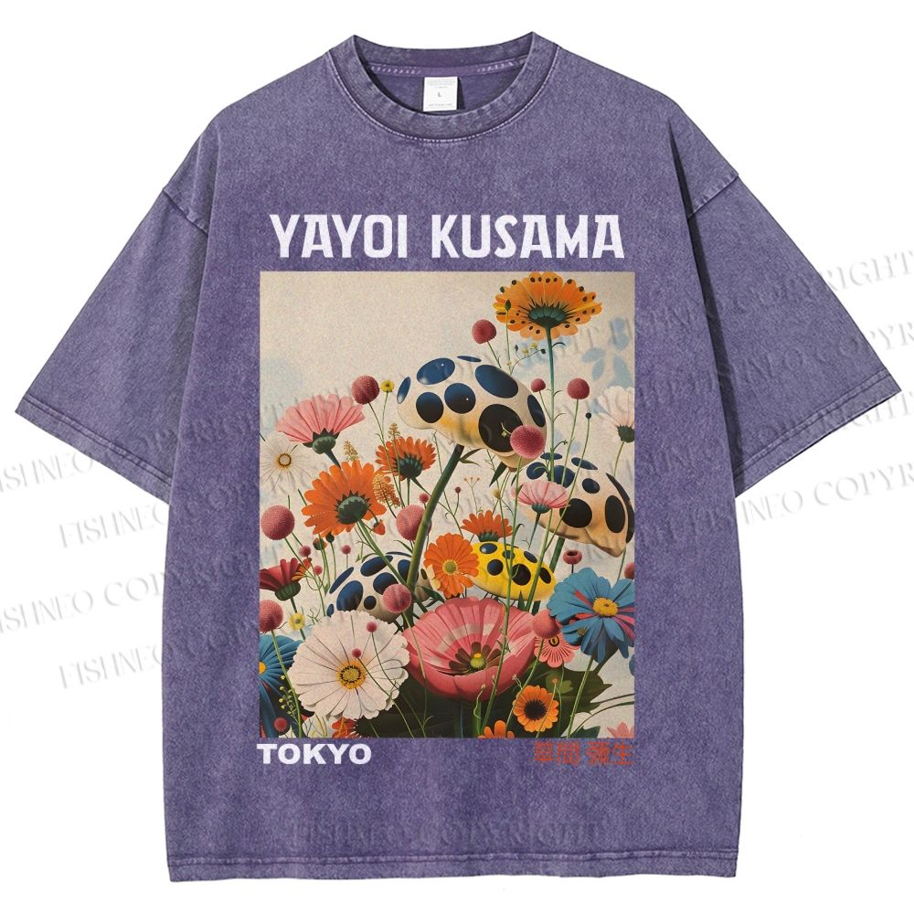 Unisex Yayoi Kusama Mushrooms And Flowers Printed Washed Tee