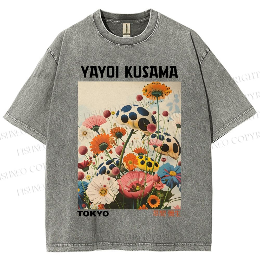Unisex Yayoi Kusama Mushrooms And Flowers Printed Washed Tee