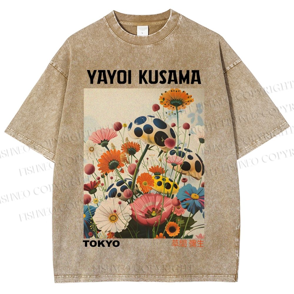 Unisex Yayoi Kusama Mushrooms And Flowers Printed Washed Tee