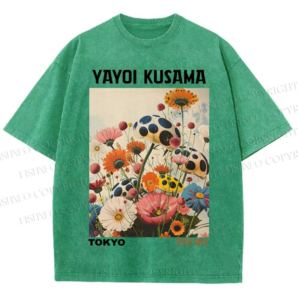 Unisex Yayoi Kusama Mushrooms And Flowers Printed Washed Tee