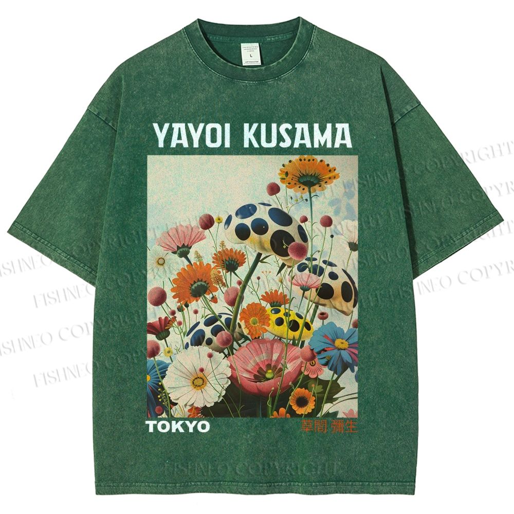 Unisex Yayoi Kusama Mushrooms And Flowers Printed Washed Tee
