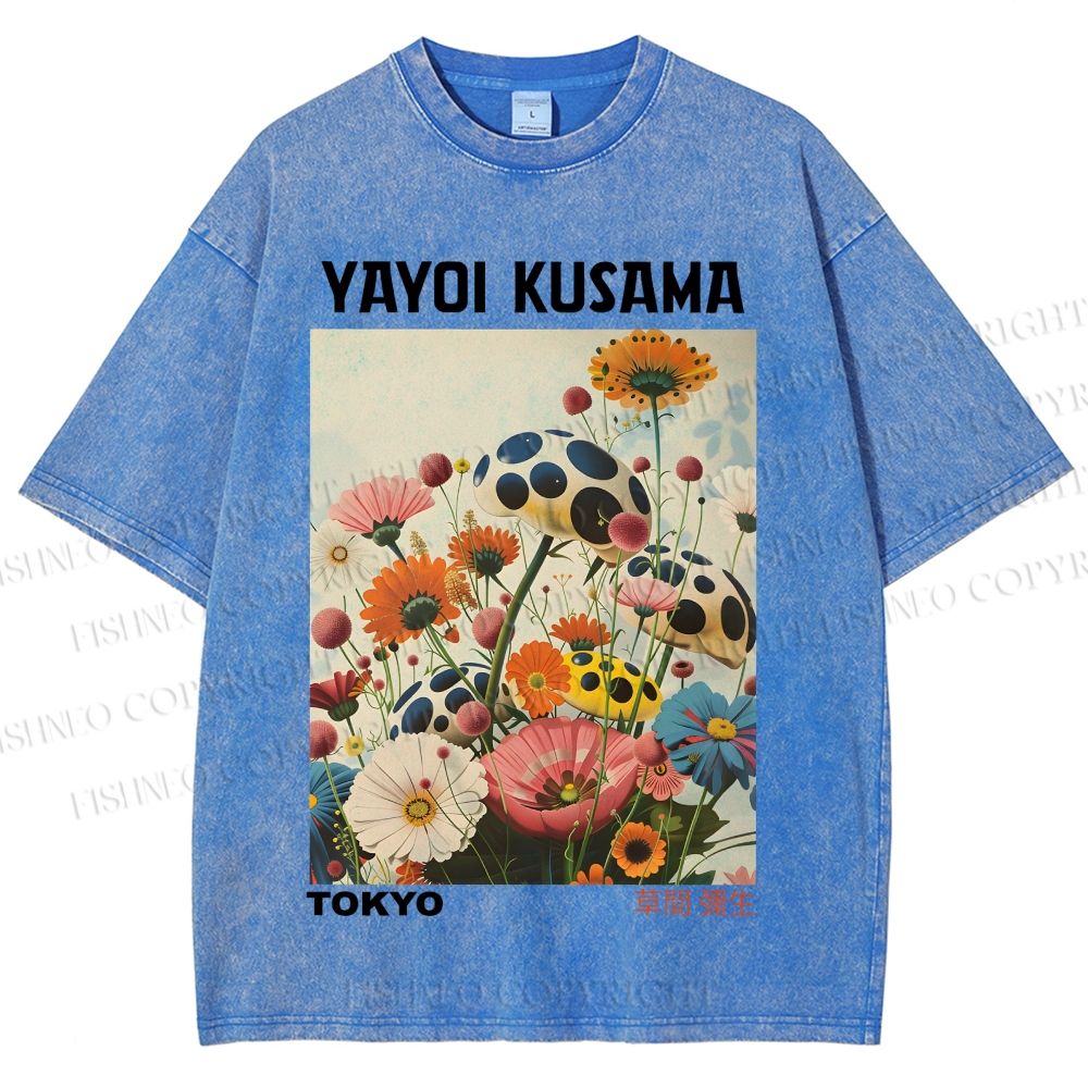 Unisex Yayoi Kusama Mushrooms And Flowers Printed Washed Tee