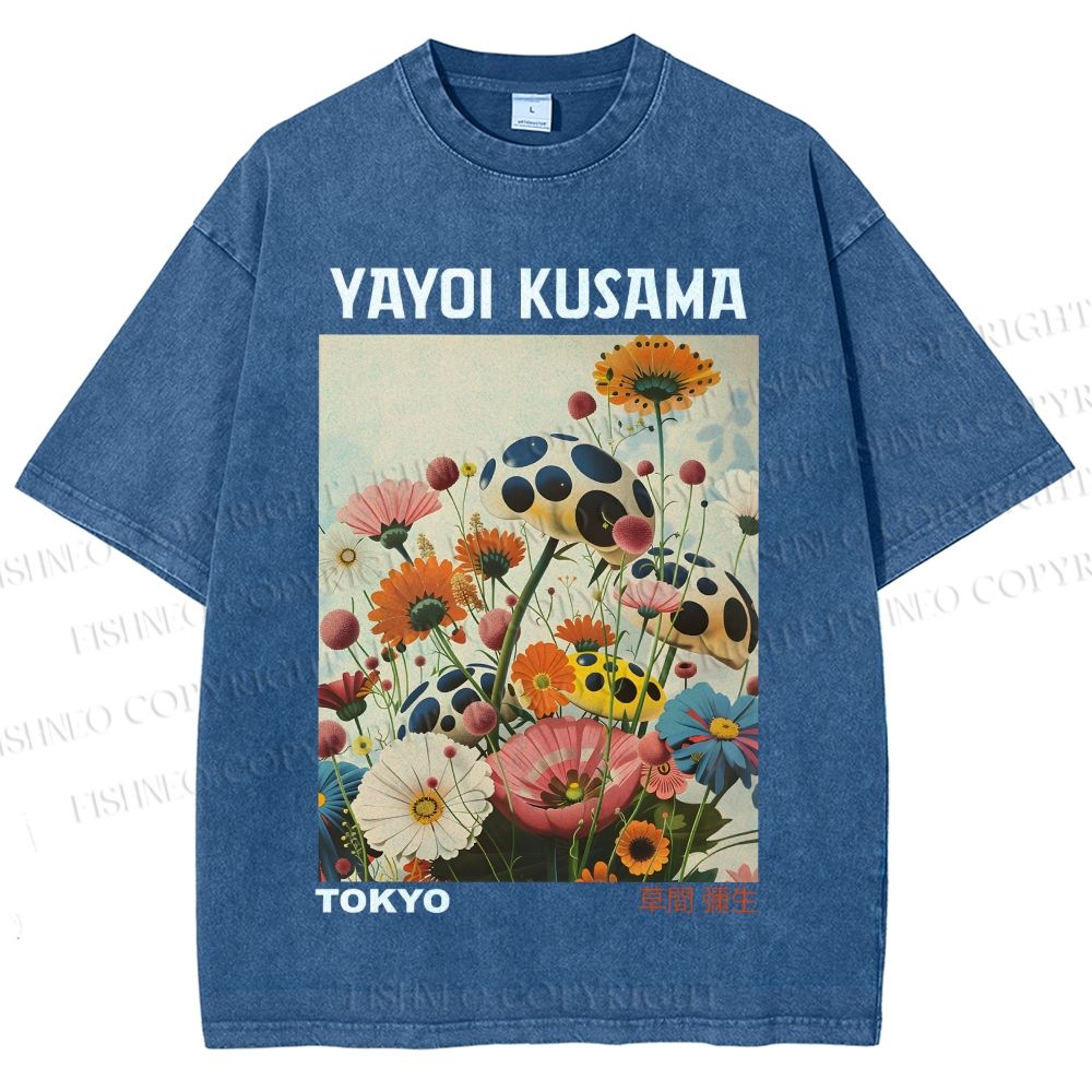 Unisex Yayoi Kusama Mushrooms And Flowers Printed Washed Tee