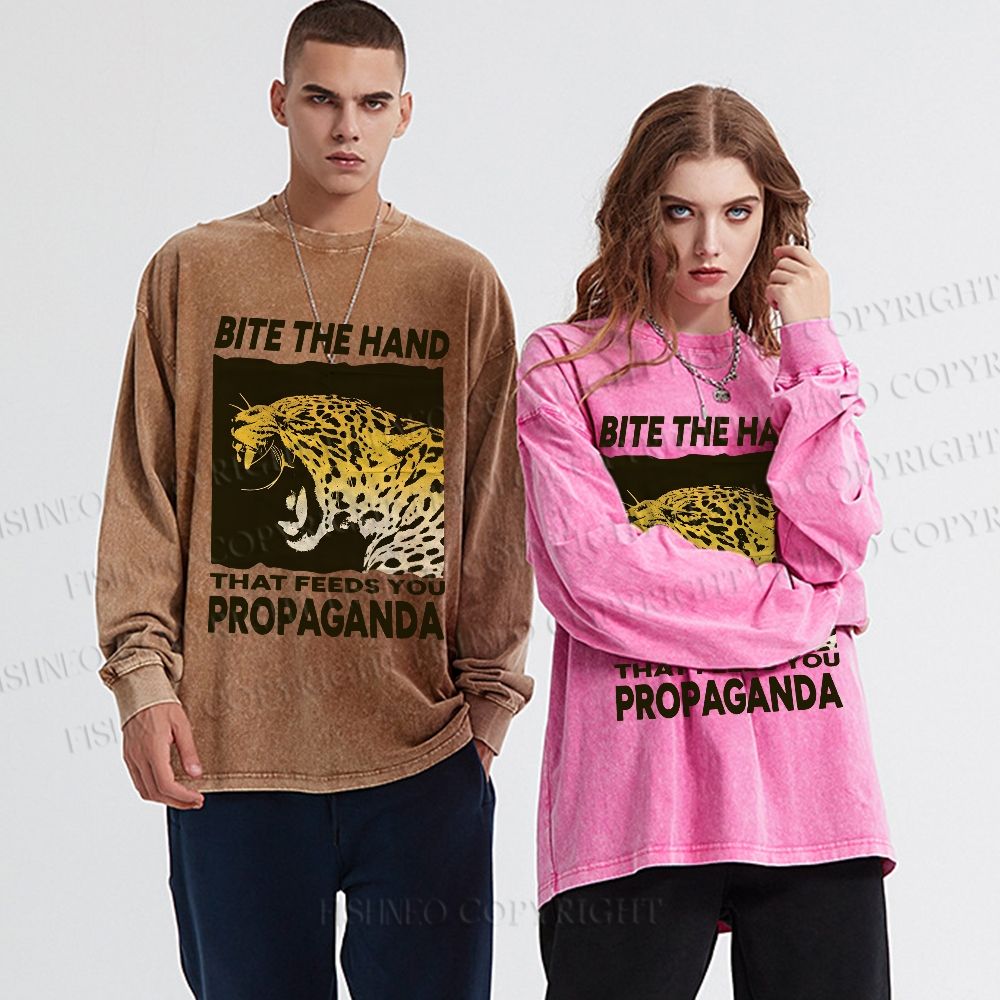 Unisex Casual Washed Bite the Hand That Feeds You Propaganda Panther Printed Long Sleeve T-shirt