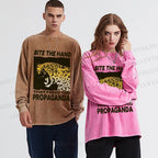 Unisex Casual Washed Bite the Hand That Feeds You Propaganda Panther Printed Long Sleeve T-shirt