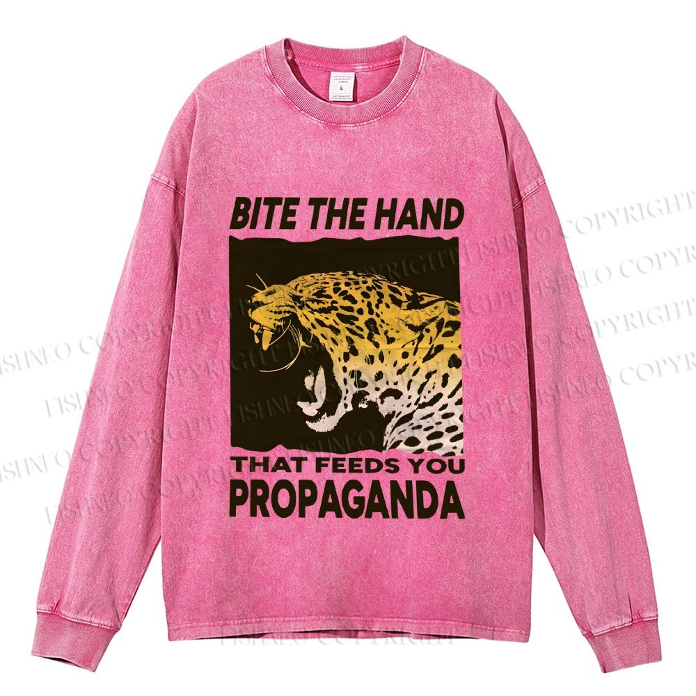 Unisex Casual Washed Bite the Hand That Feeds You Propaganda Panther Printed Long Sleeve T-shirt
