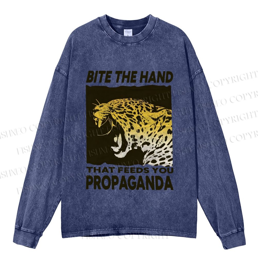 Unisex Casual Washed Bite the Hand That Feeds You Propaganda Panther Printed Long Sleeve T-shirt