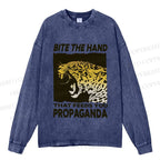 Unisex Casual Washed Bite the Hand That Feeds You Propaganda Panther Printed Long Sleeve T-shirt