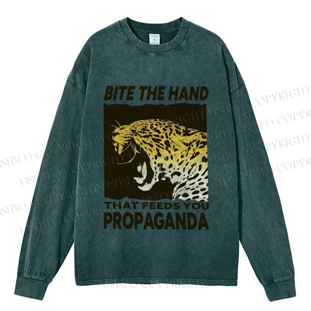 Unisex Casual Washed Bite the Hand That Feeds You Propaganda Panther Printed Long Sleeve T-shirt