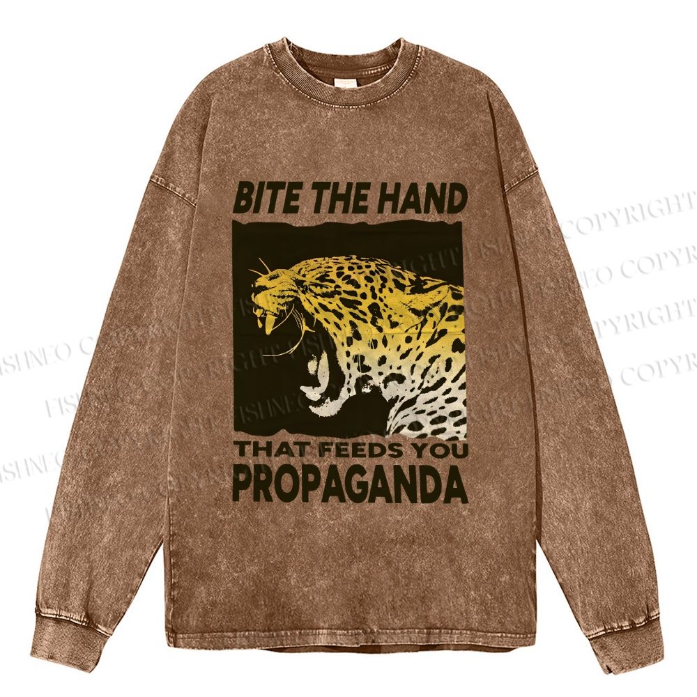 Unisex Casual Washed Bite the Hand That Feeds You Propaganda Panther Printed Long Sleeve T-shirt
