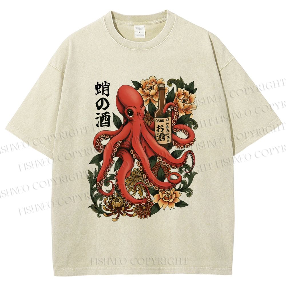 Unisex Octopus with Sake Bottle Printed Washed Tee