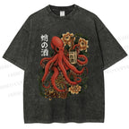 Unisex Octopus with Sake Bottle Printed Washed Tee