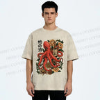 Unisex Octopus with Sake Bottle Printed Washed Tee