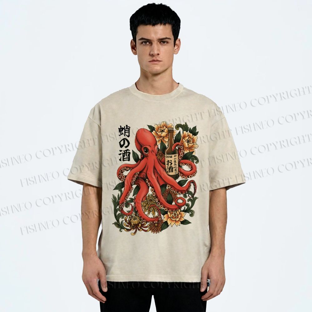 Unisex Octopus with Sake Bottle Printed Washed Tee